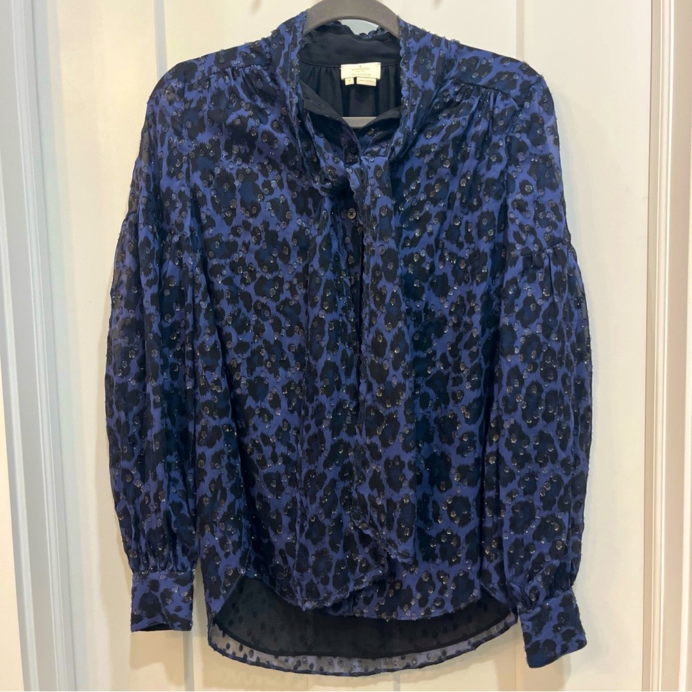 Kate Spade Silk‎ Blouse Leopard Clip Bow Metallic Top Tie And Button Front Sz S